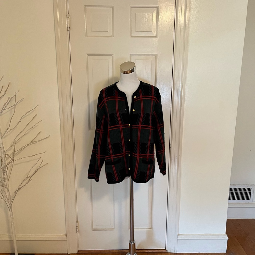 Vintage Crystal Kobe Red Green Button Down Sweater Sz Large